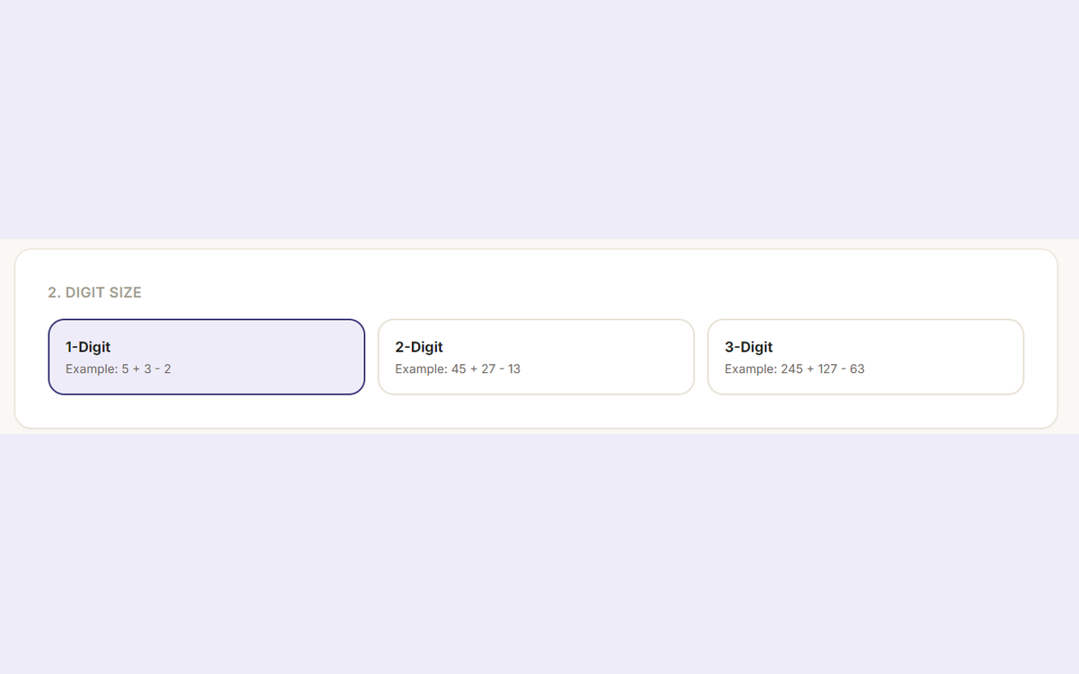 Screenshot of the digit size picker: 1-Digit, 2-Digit, 3-Digit