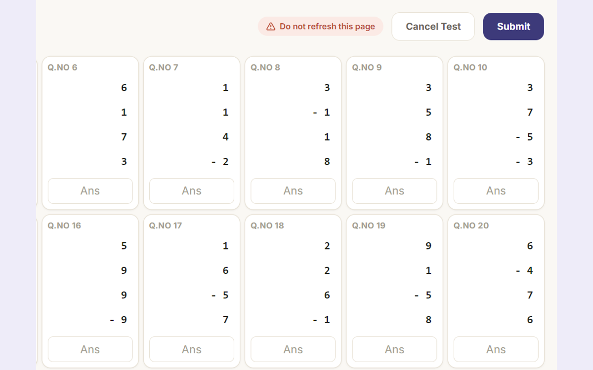 Screenshot of the clean question-answering grid during a test