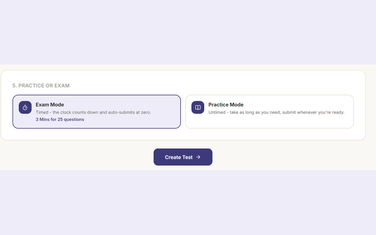 Screenshot of the Practice Mode vs Exam Mode picker