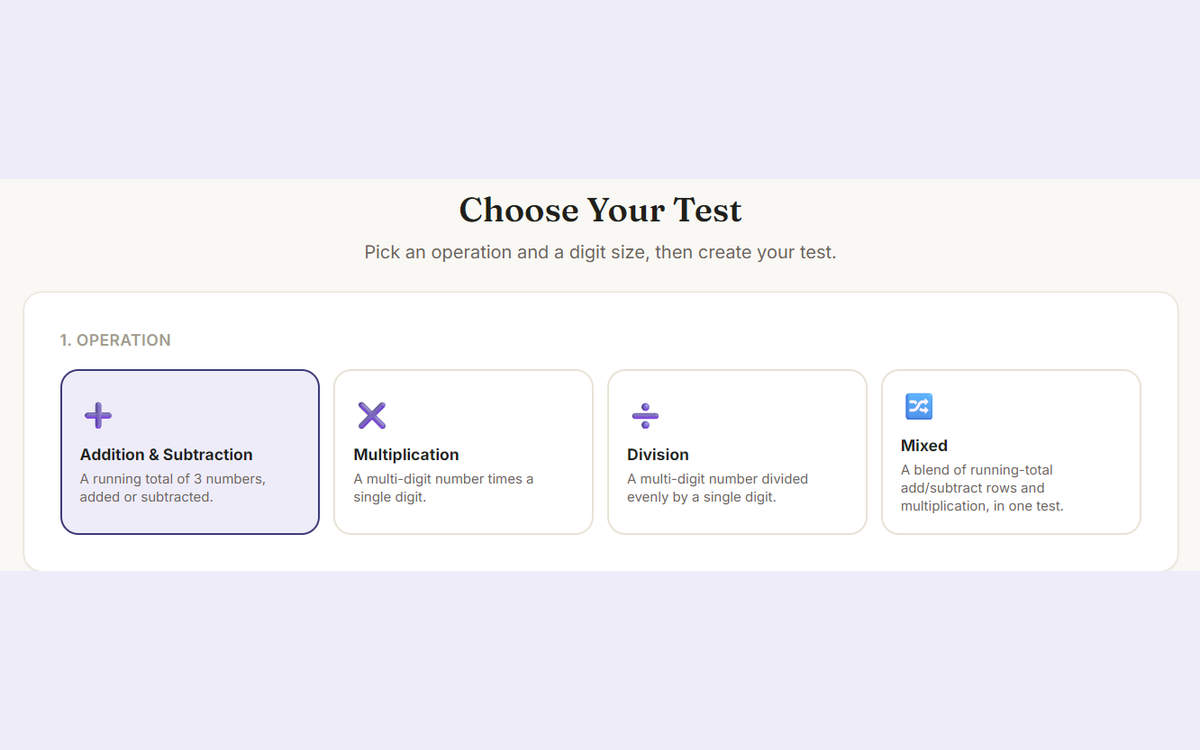 Screenshot of the operation picker: Addition & Subtraction, Multiplication, Division, and Mixed