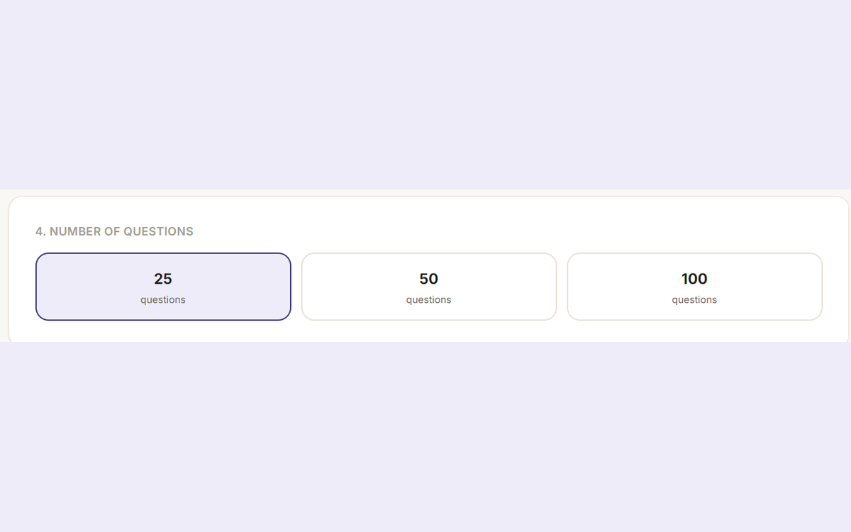Screenshot of the question count picker: 25, 50, or 100 questions